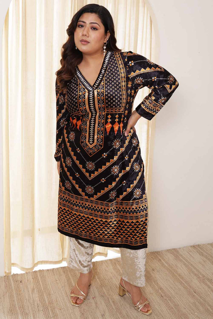 Plus Size Black Beige Velvet Kurta