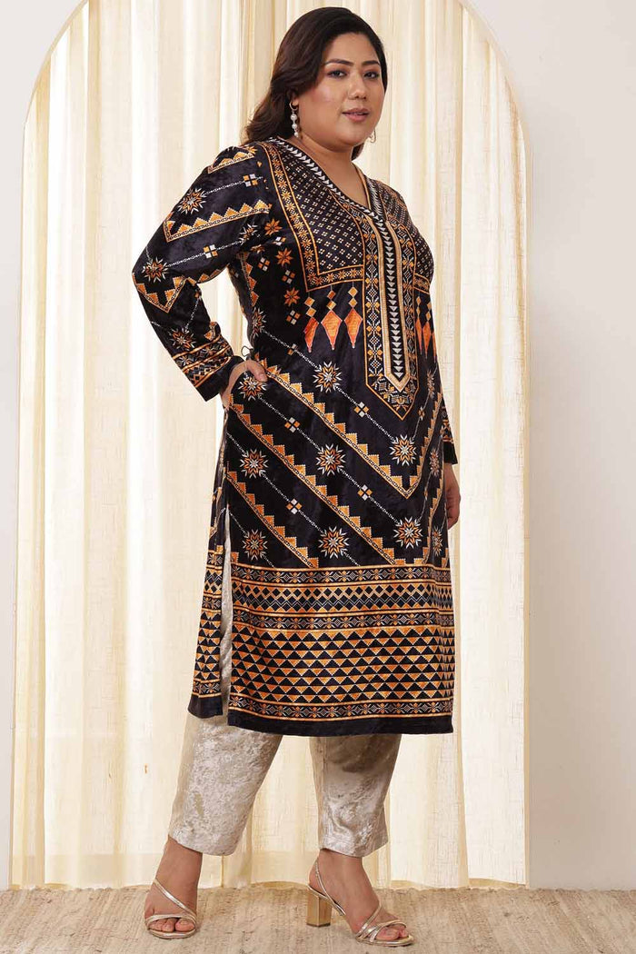 Plus Size Black Beige Velvet Kurta