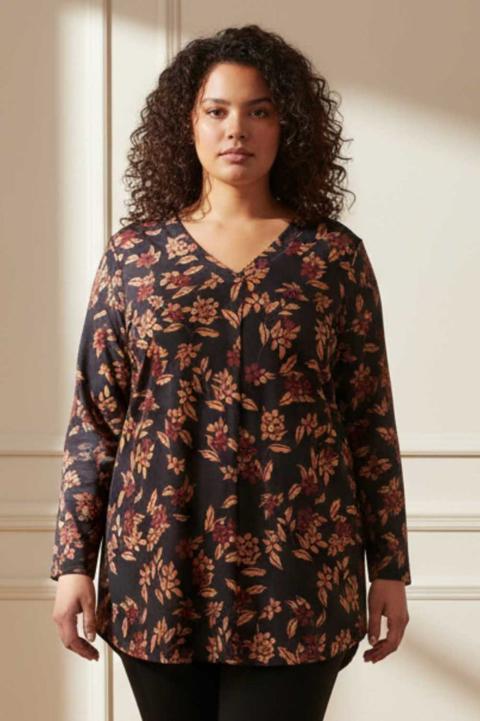 Plus Size Black Blossom V Neck SnugWeave Winter Top