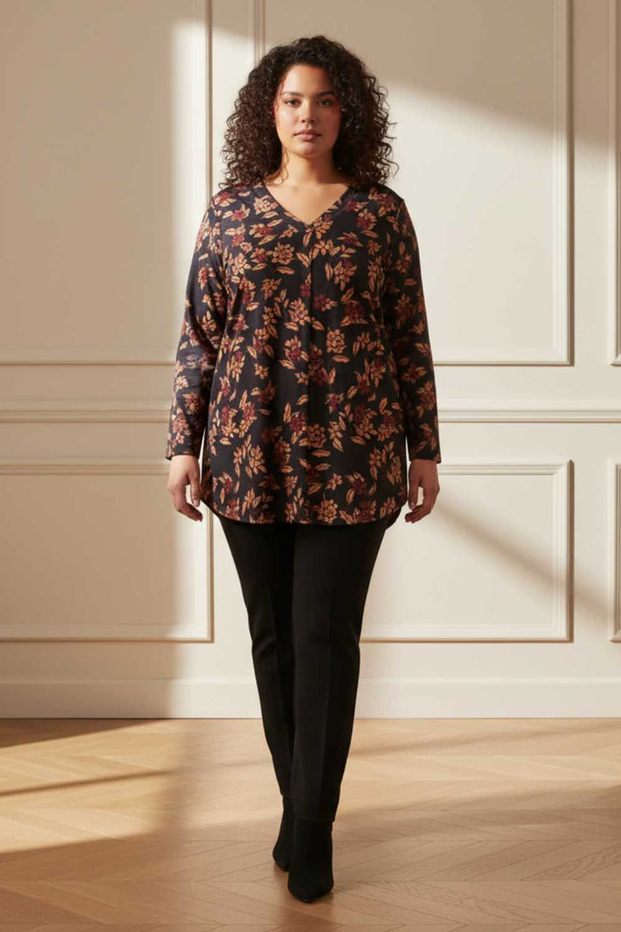 Plus Size Black Blossom V Neck SnugWeave Winter Top