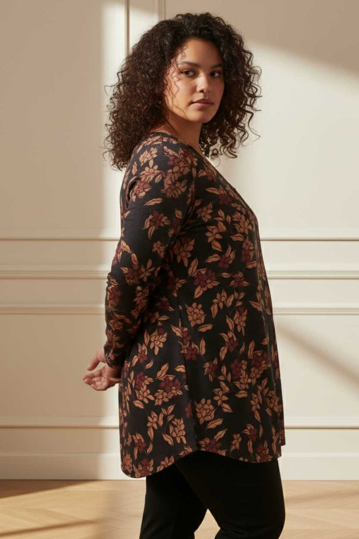 Plus Size Black Blossom V Neck SnugWeave Winter Top