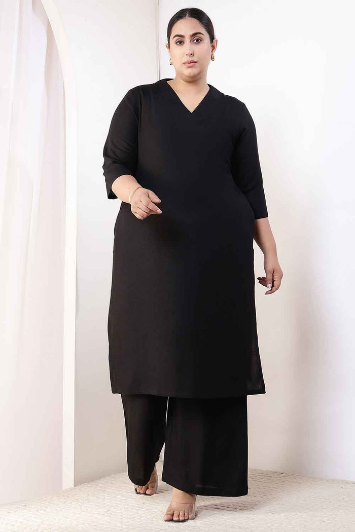 Plus Size Black Cotton Linen Kurta Coord Set