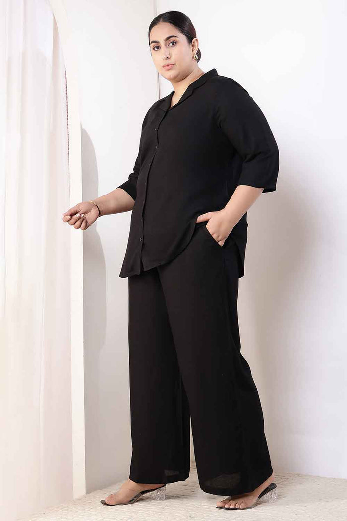 Plus Size Black Cotton Linen Shirt Coord Set