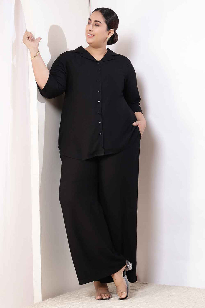 Plus Size Black Cotton Linen Shirt Coord Set
