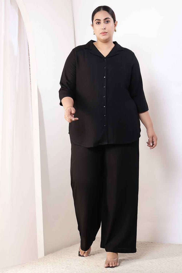 Plus Size Black Cotton Linen Shirt Coord Set