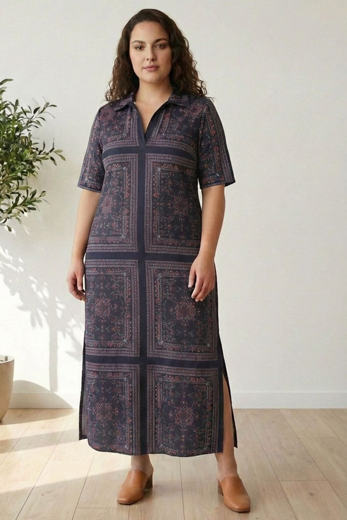 Plus Size Black Ethnic Scarf Side Slit Long Dress