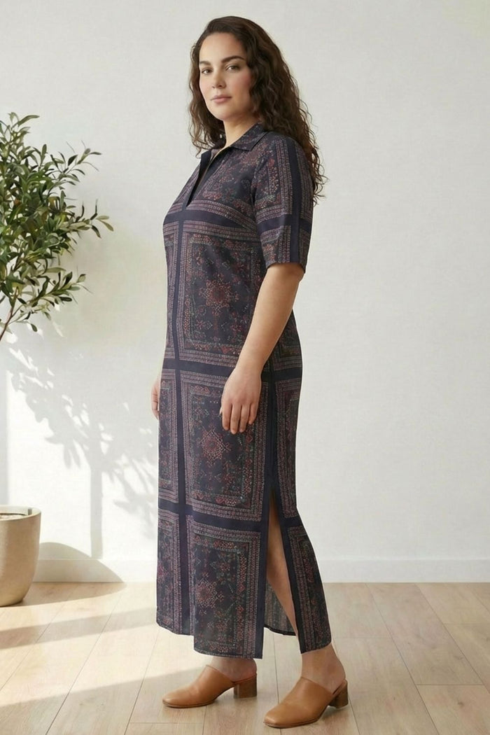 Plus Size Black Ethnic Scarf Side Slit Long Dress