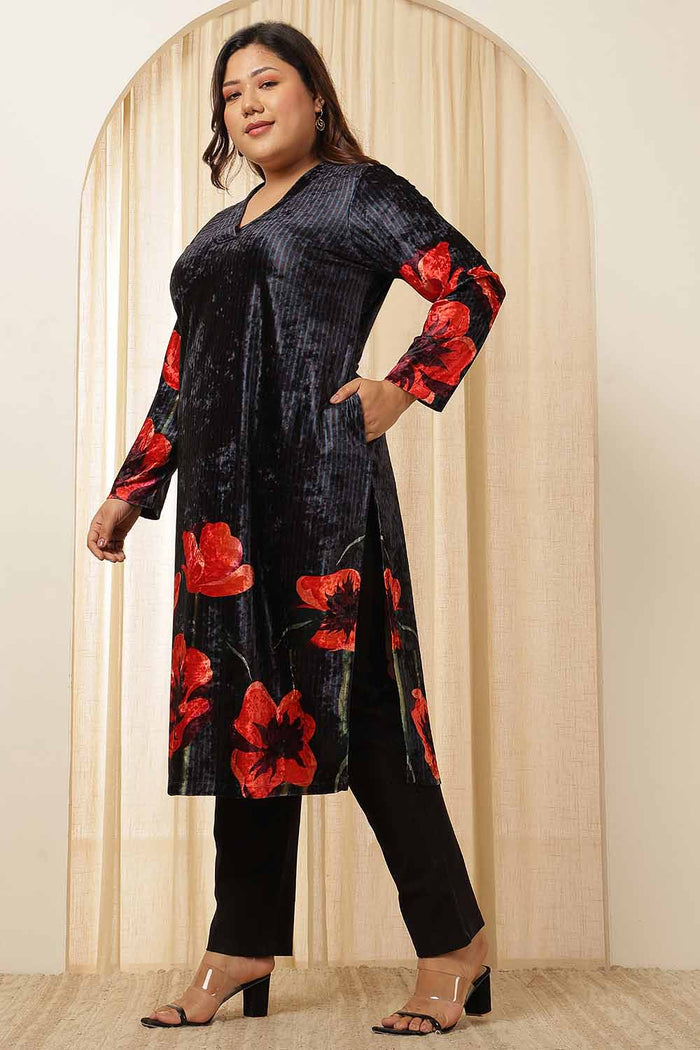 Plus Size Black Floral Borders Velvet Kurta