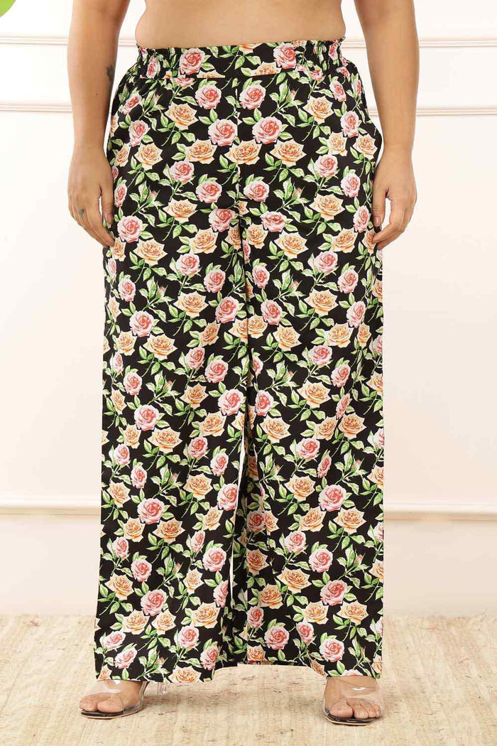 Plus Size Black Floral Flare Cotton Pants