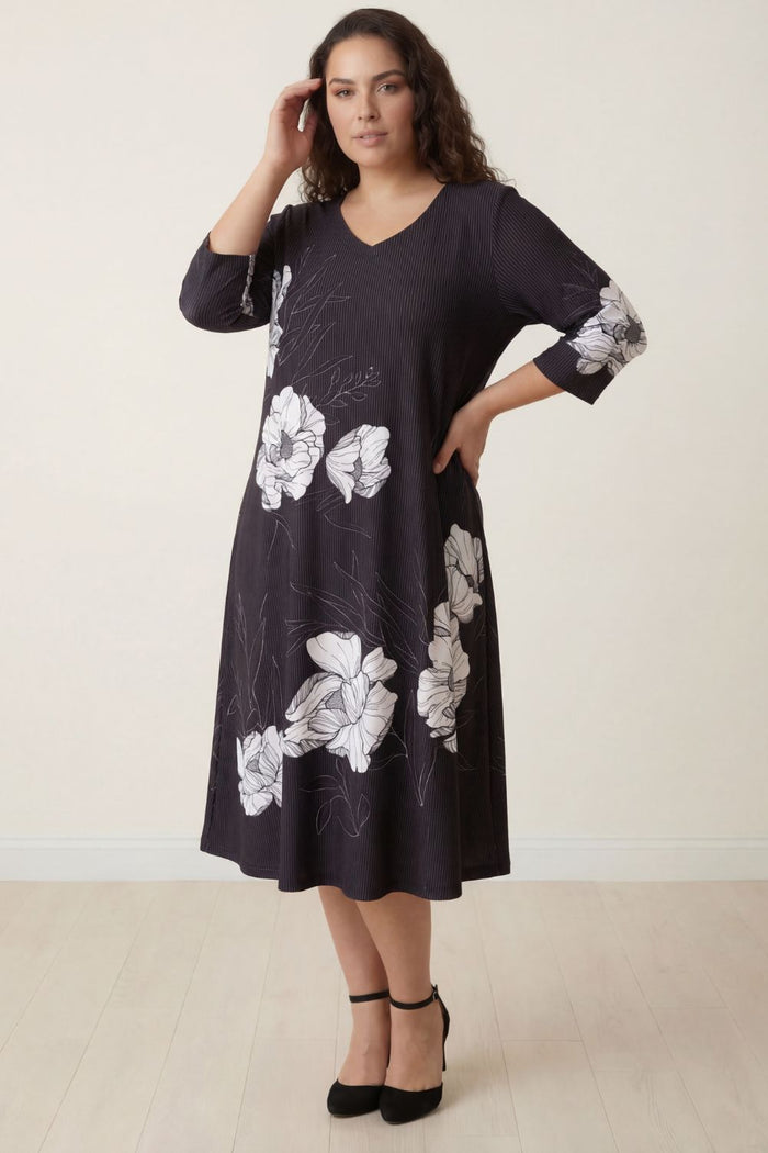 Plus Size Black Floral Print A-Line Dress