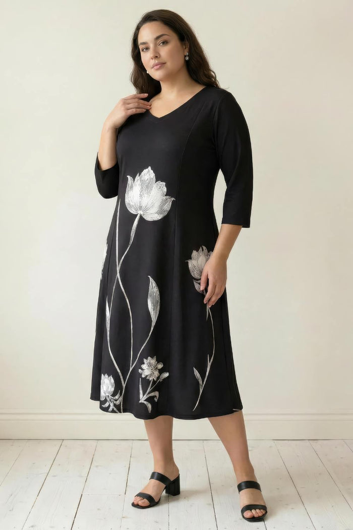 Plus Size Black Floral Print A-Line Dress
