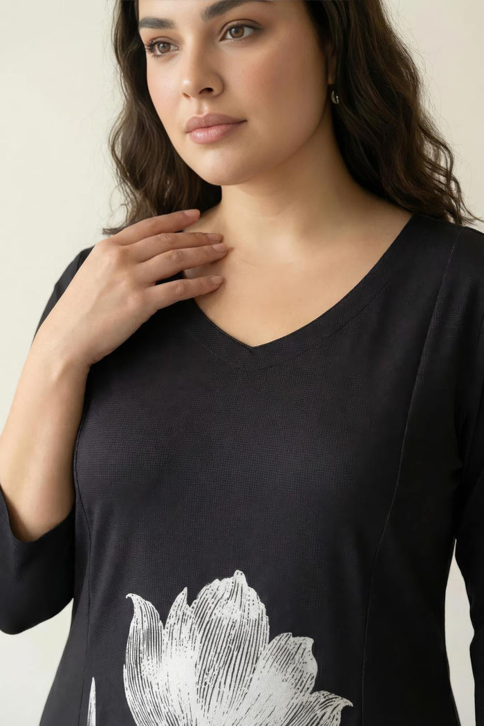 Plus Size Black Floral Print A-Line Dress