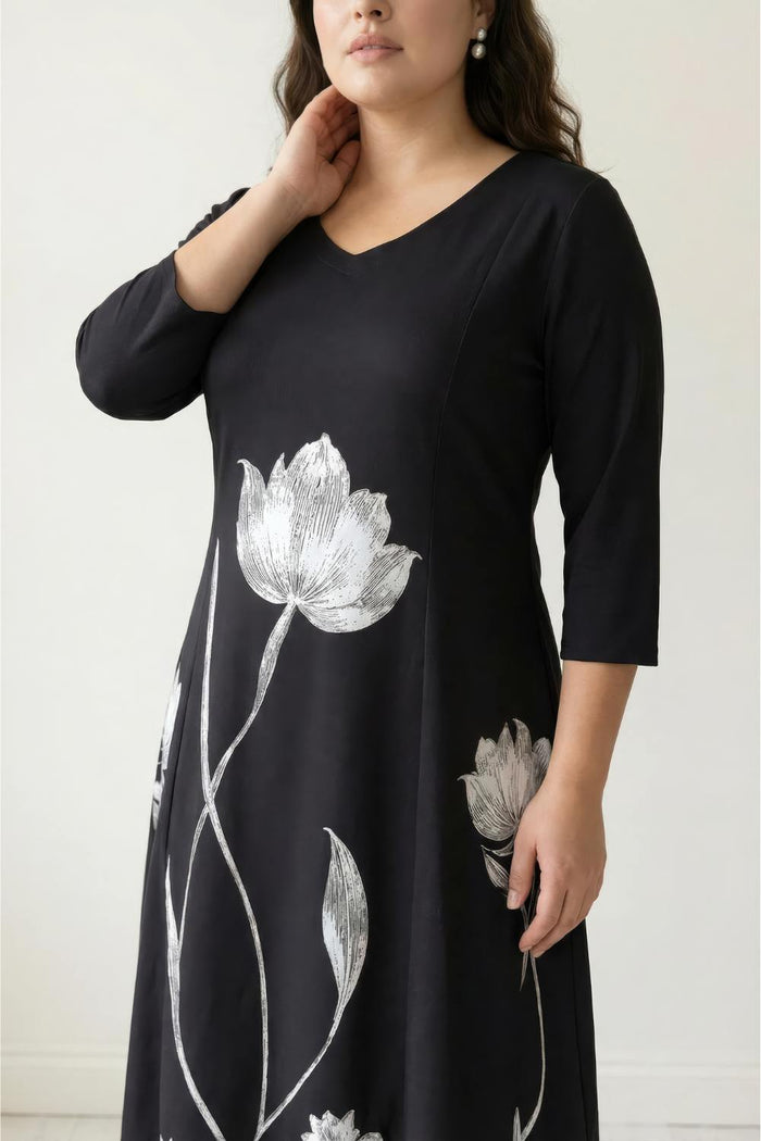 Plus Size Black Floral Print A-Line Dress
