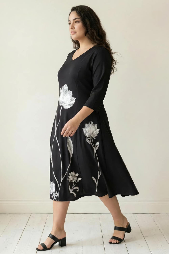 Plus Size Black Floral Print A-Line Dress