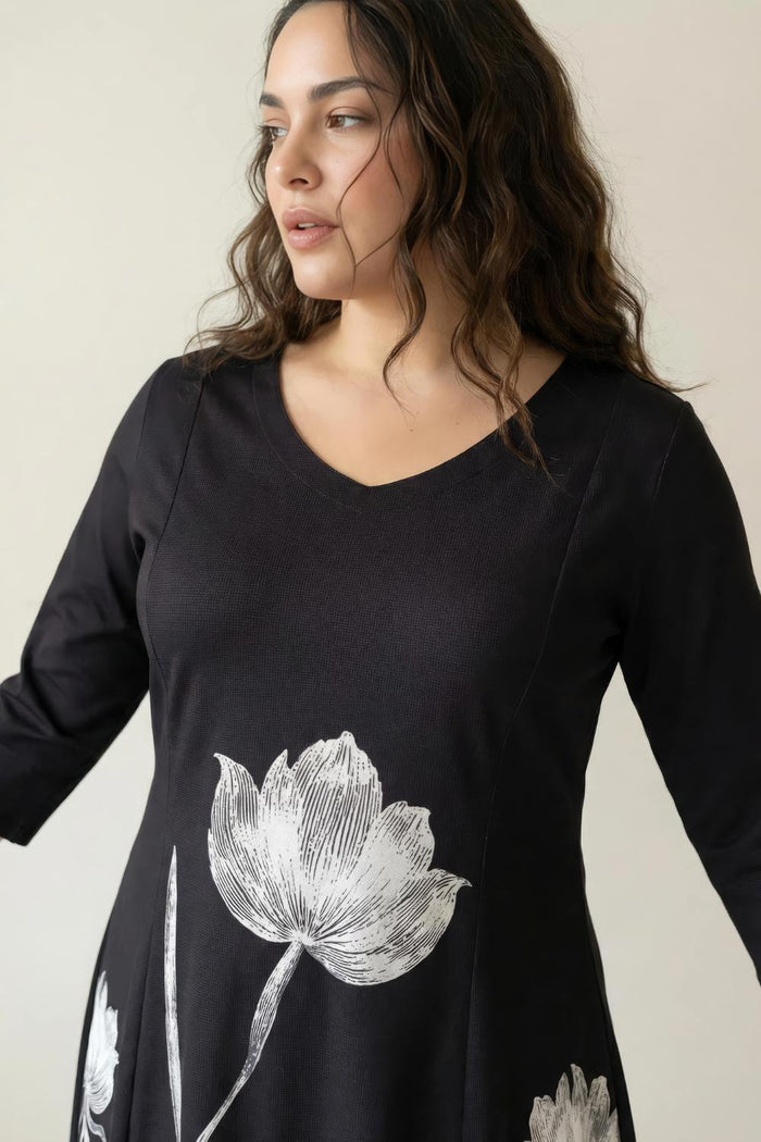 Plus Size Black Floral Print A-Line Dress