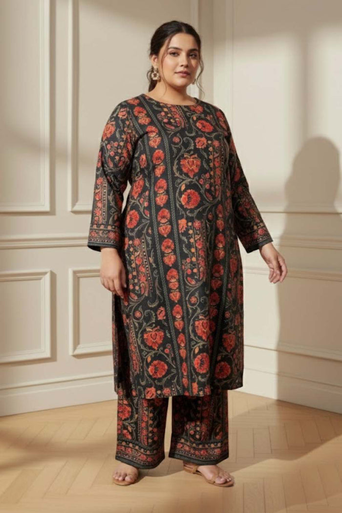 Plus Size Black Floral Round Neck SnugWeave™ Winter Kurta Coord Set