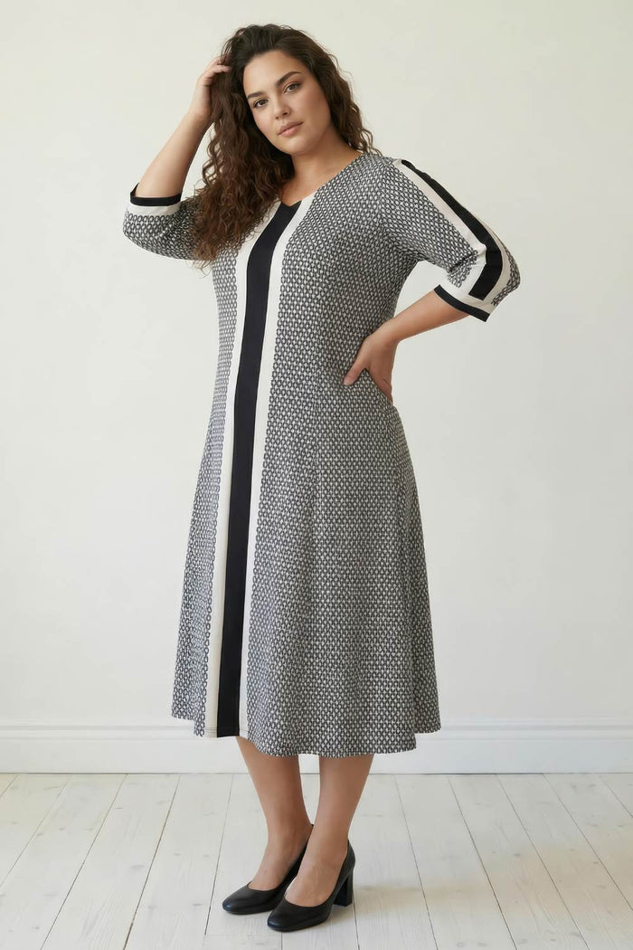 Plus Size Black Geometric Print A line Dress