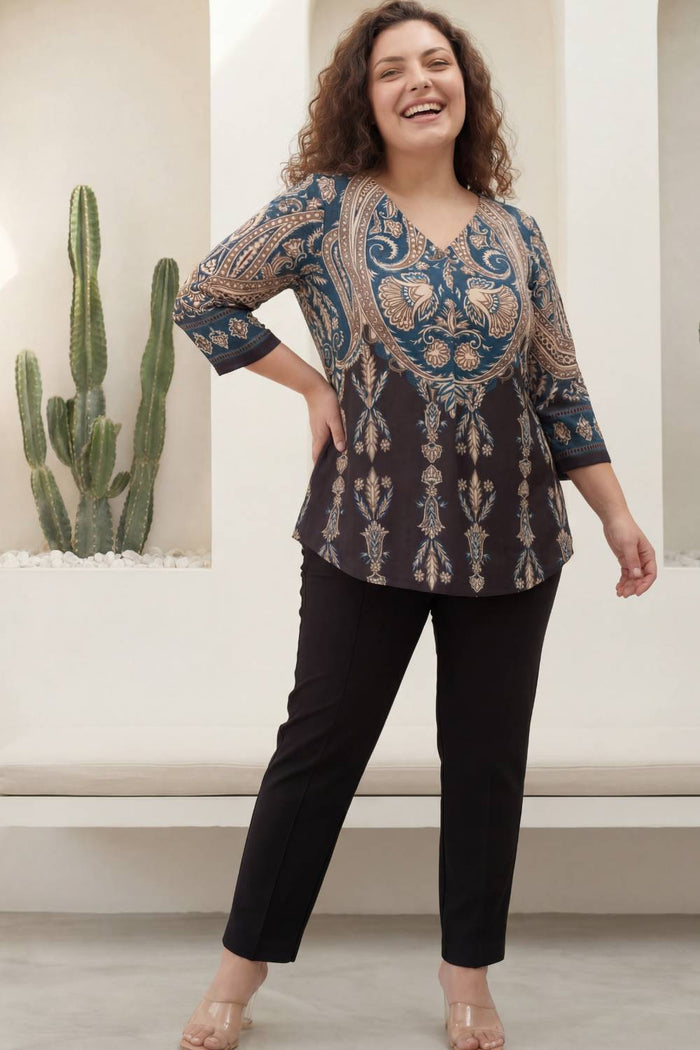 Plus Size Black Luxe Ethnic Print Centre Pleat Top