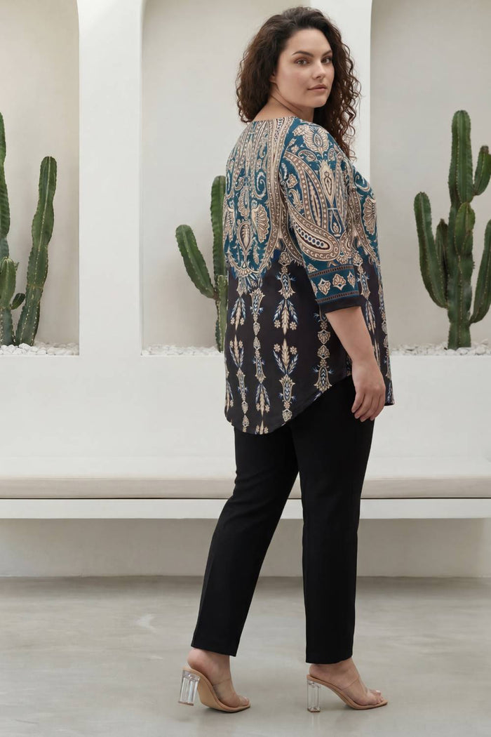 Plus Size Black Luxe Ethnic Print Centre Pleat Top