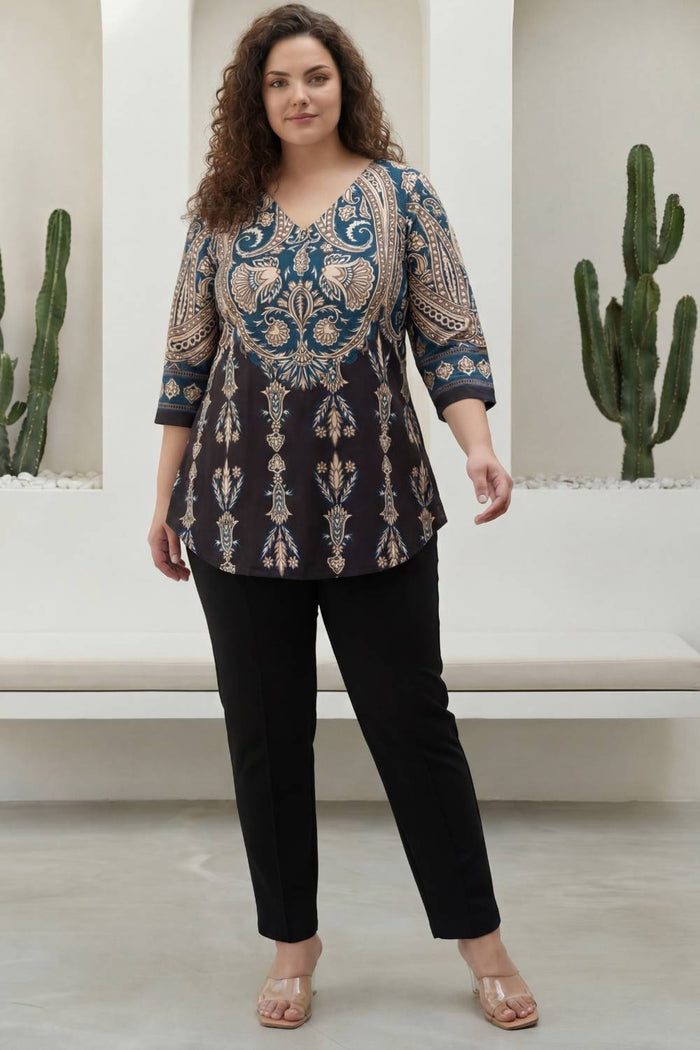 Plus Size Black Luxe Ethnic Print Centre Pleat Top