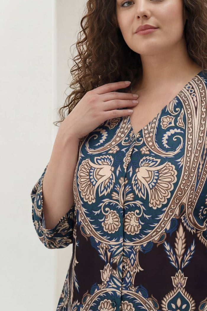 Plus Size Black Luxe Ethnic Print Centre Pleat Top
