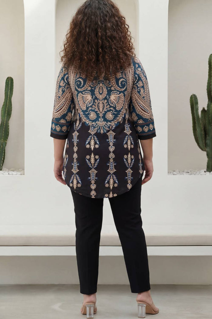Plus Size Black Luxe Ethnic Print Centre Pleat Top