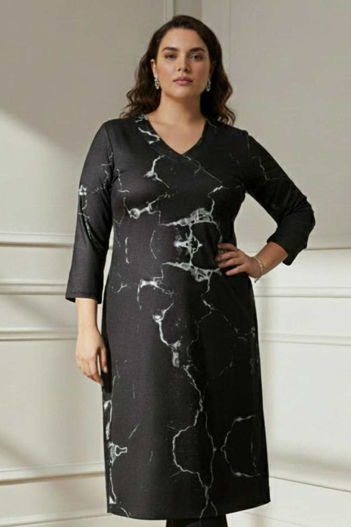 Plus Size Black Marble V Neck SnugWeave™ Winter Kurta