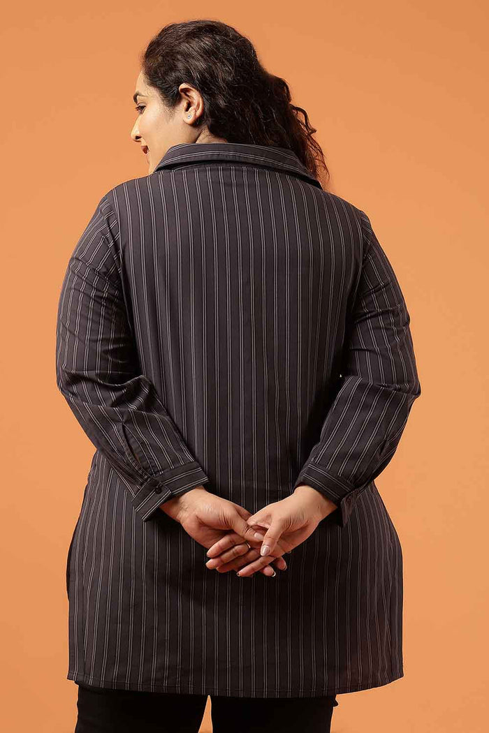 Plus Size Black Pinstripe Cotton High Slit Longline Shirt