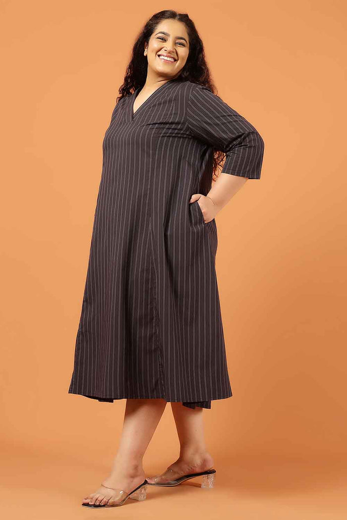 Plus Size Black Pinstripe Cotton Midi Dress