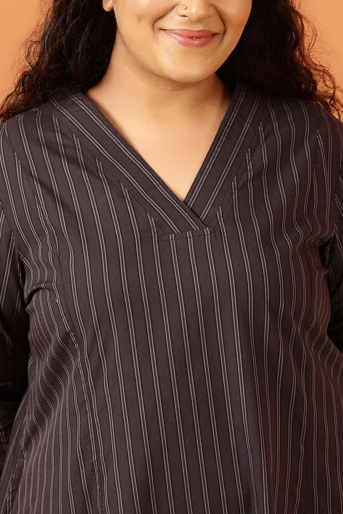 Plus Size Black Pinstripe Cotton Midi Dress
