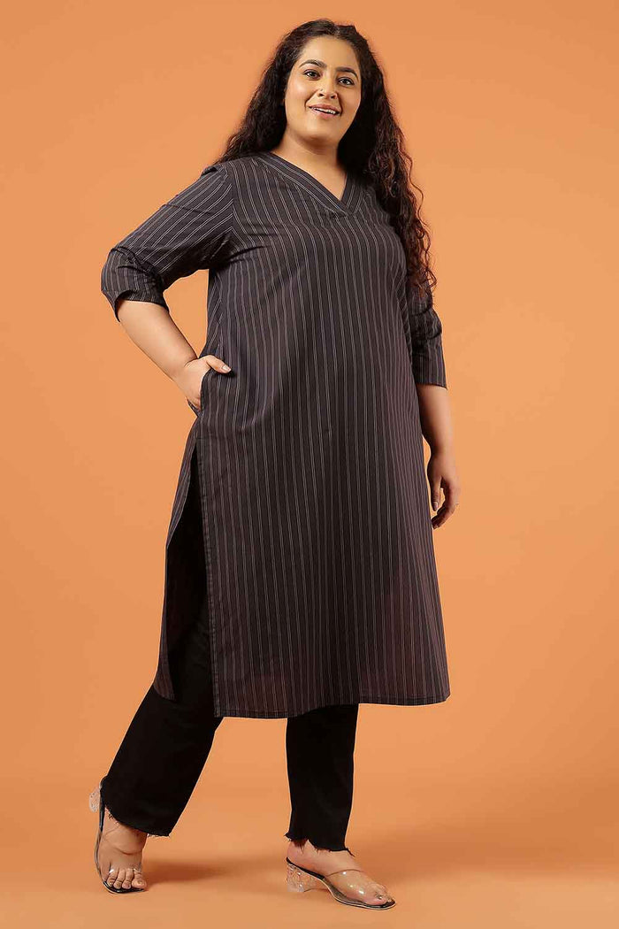 Plus Size Black Pinstripe Cotton V Neck Kurta