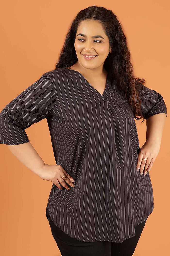 Plus Size Black Pinstripe Cotton V Neck Top