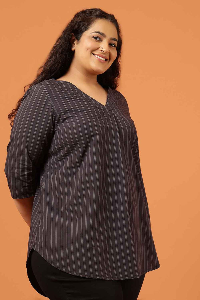 Plus Size Black Pinstripe Cotton V Neck Top