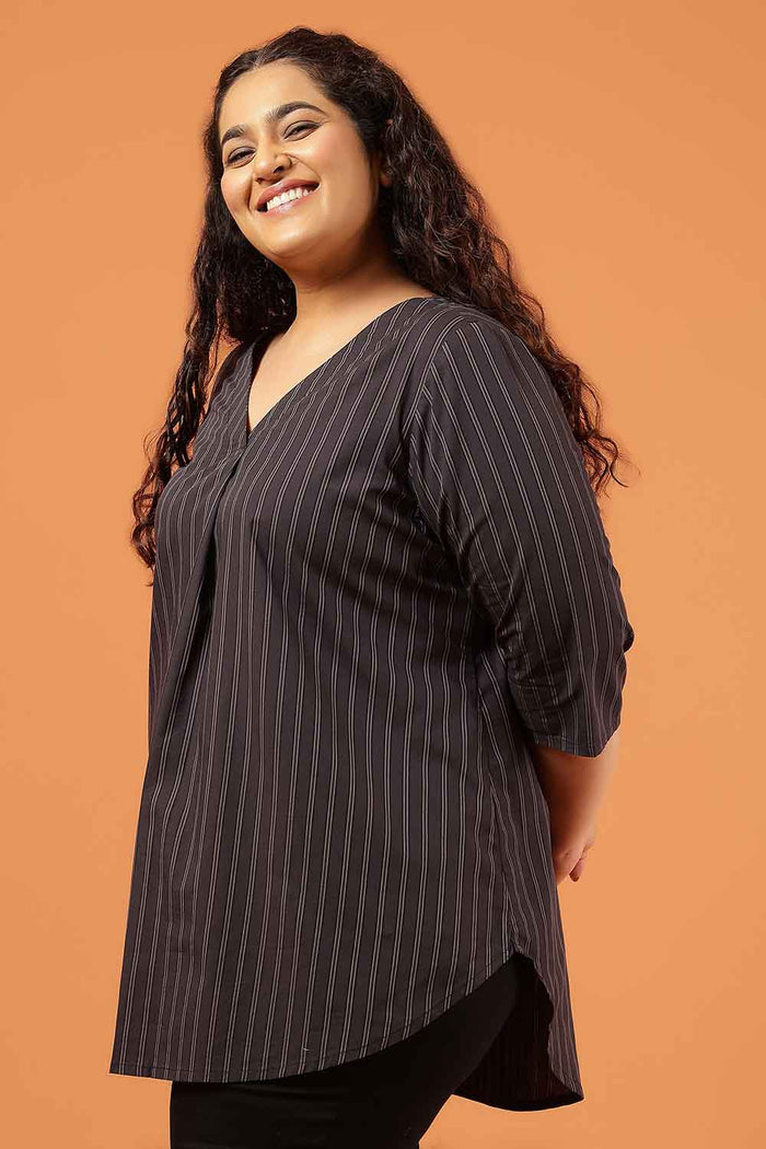 Plus Size Black Pinstripe Cotton V Neck Top