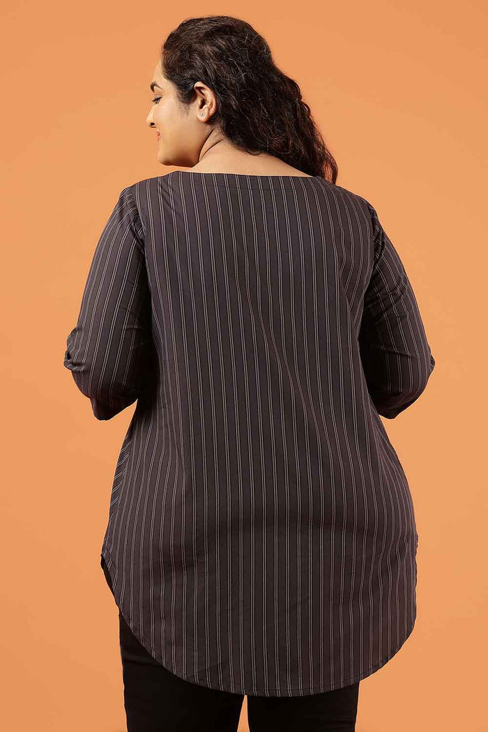 Plus Size Black Pinstripe Cotton V Neck Top