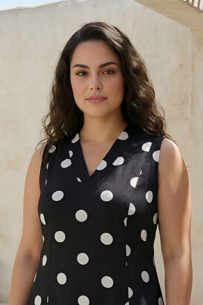 Plus Size Black Polka Print Sleeveless Rayon Midi Dress