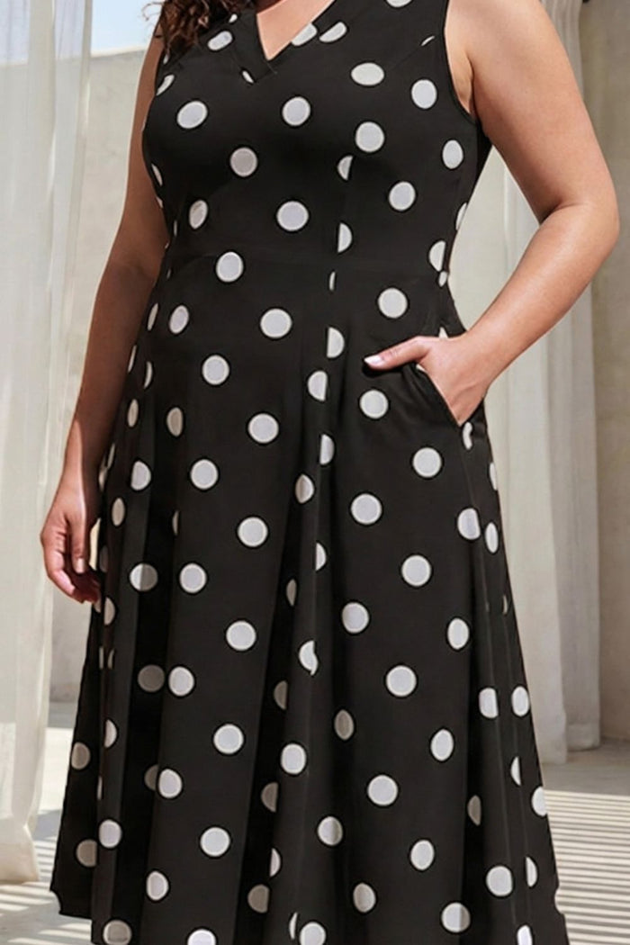 Plus Size Black Polka Print Sleeveless Rayon Midi Dress