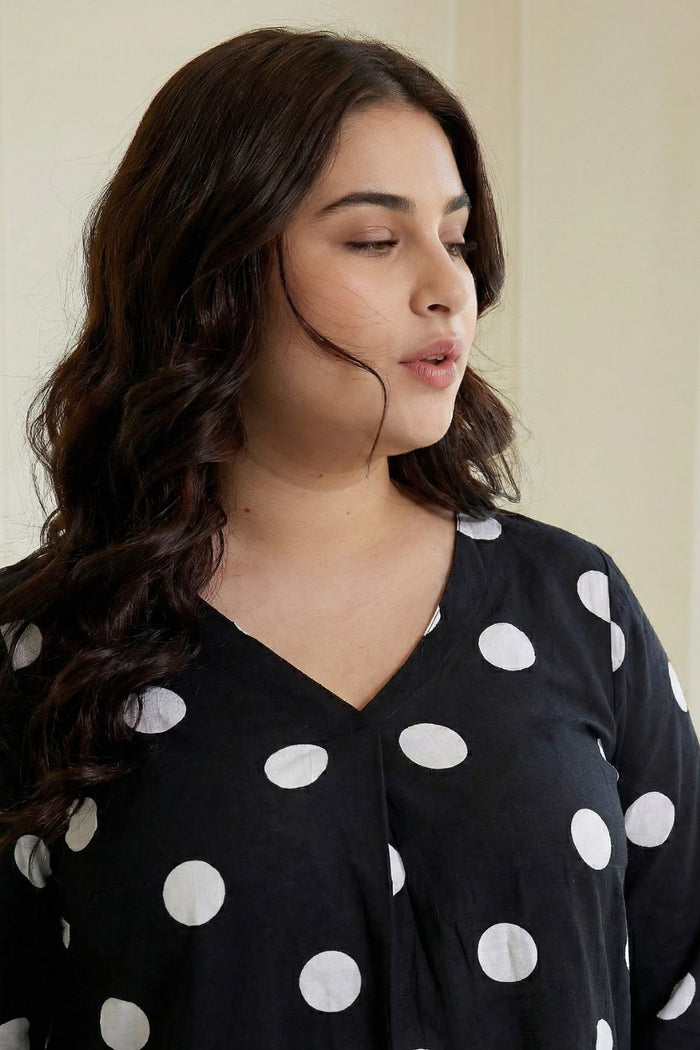 Plus Size Black Polka Print V Neck Rayon Top