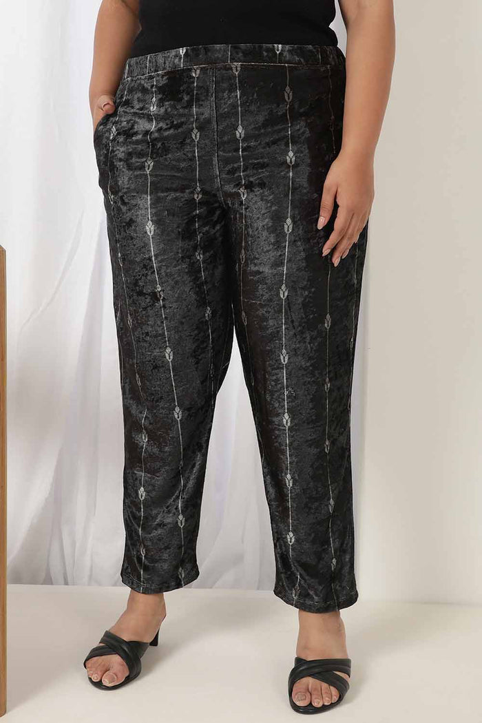 Plus Size Black Printed Velvet Pant