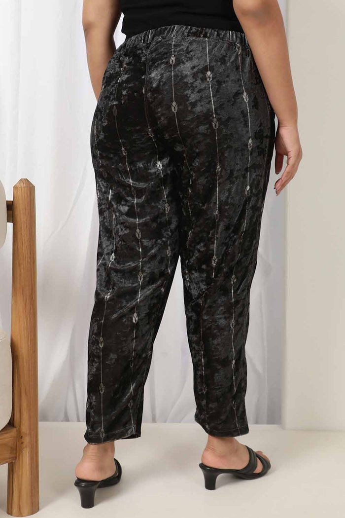 Plus Size Black Printed Velvet Pant