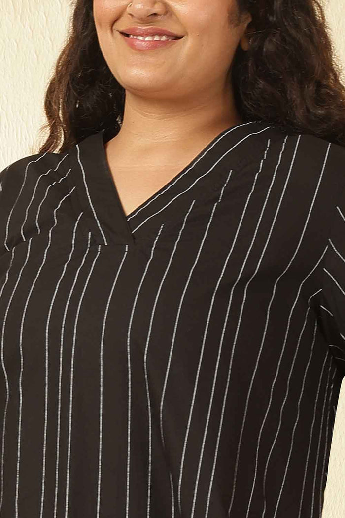 Plus Size Black Stripe Cotton V Neck Kurta Coord Set