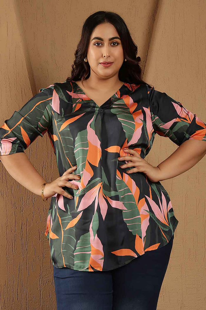 Plus Size Black Tropical Leaf Print V-Neck Satin Top