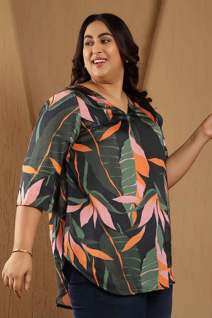 Plus Size Black Tropical Leaf Print V-Neck Satin Top