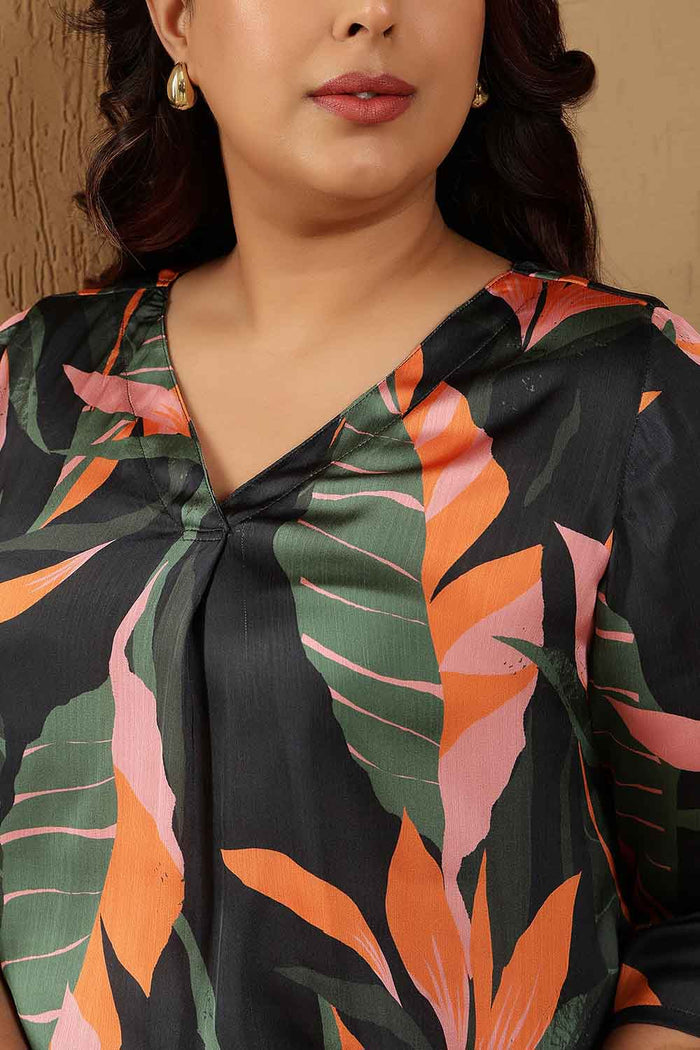 Plus Size Black Tropical Leaf Print V-Neck Satin Top
