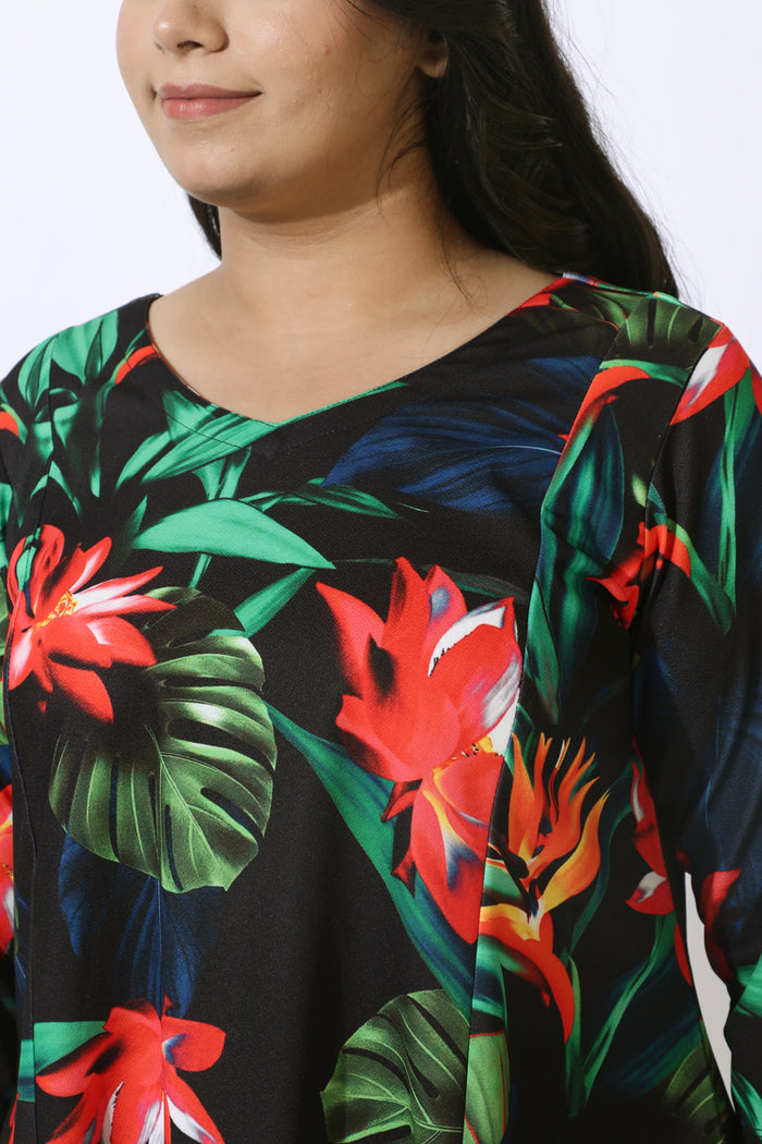 Plus Size Black Tropical Print Dress