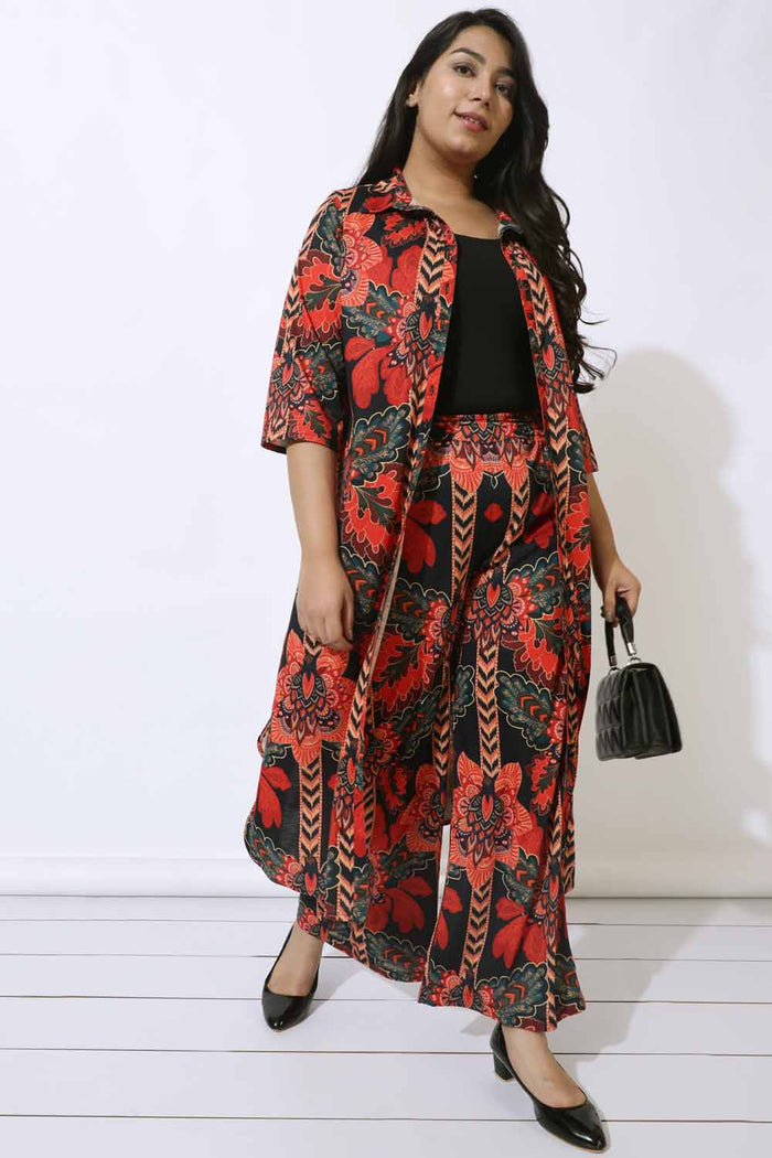 Plus Size Black Tropical Print Kurta Cum Shrug