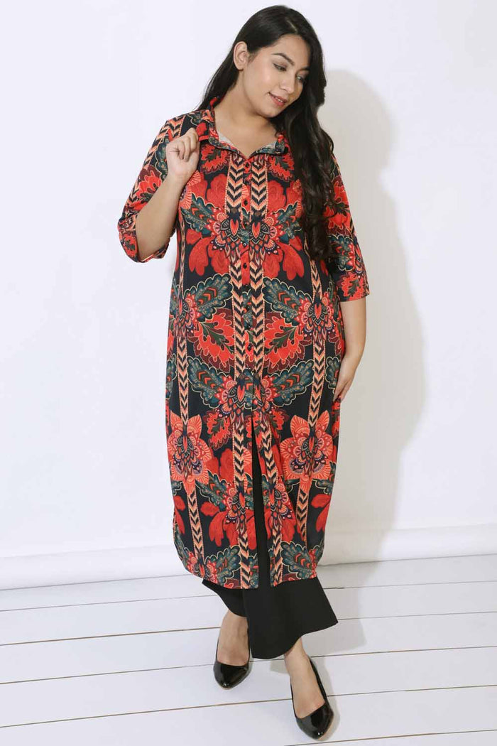 Plus Size Black Tropical Print Kurta Cum Shrug