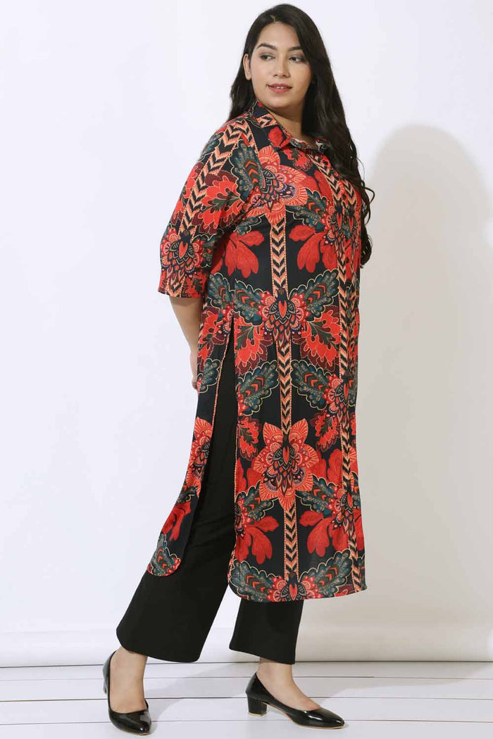 Plus Size Black Tropical Print Kurta Cum Shrug