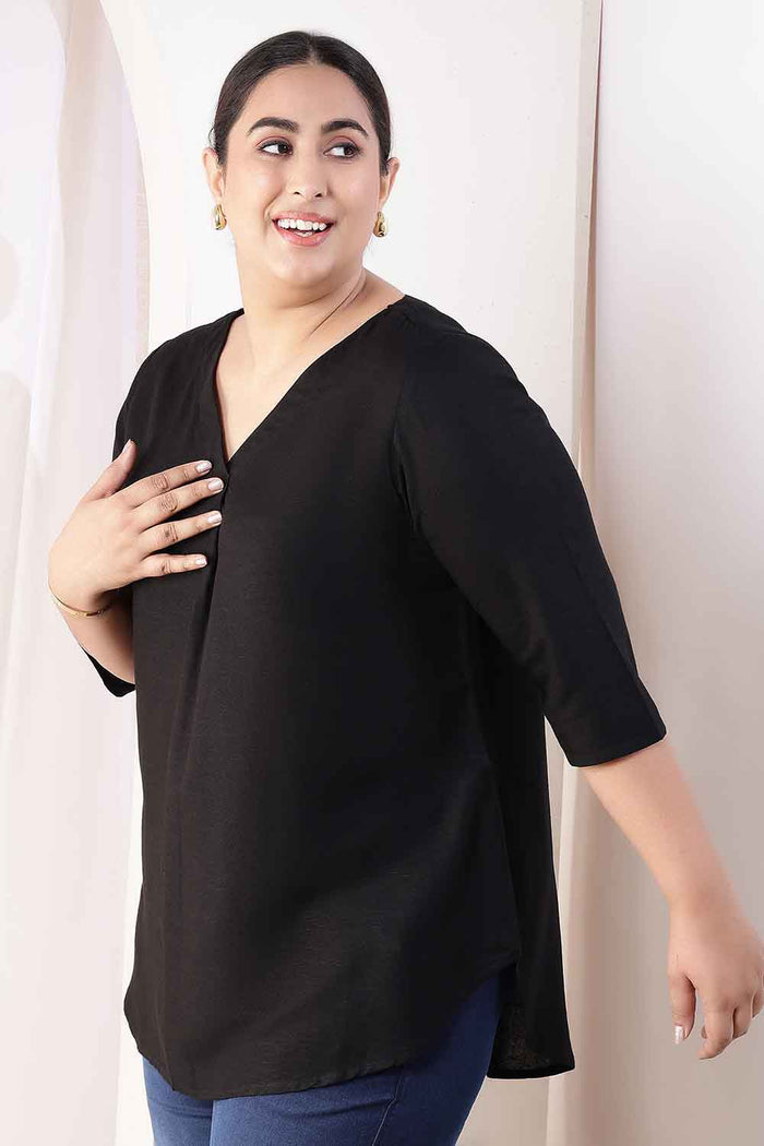 Plus Size Black V-Neck Cotton Linen Top