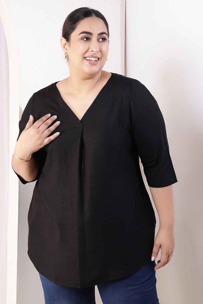 Plus Size Black V-Neck Cotton Linen Top
